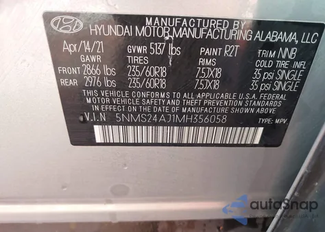 2021 Hyundai Santa Fe Sel из США, поврежденный, VIN 5NMS24AJ1MH356058